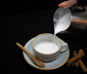salep drink cafe cup art sahlep,
top view and cinnamon sahlep