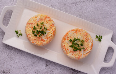 Food photography of cheese salad, eggs, carrot, garlic, mayonnaise