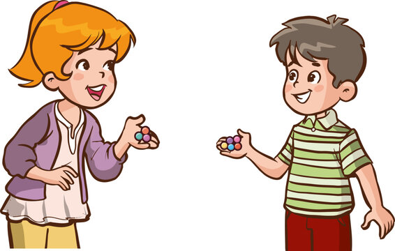 cute little kids holding marbles cartoon vector illustration