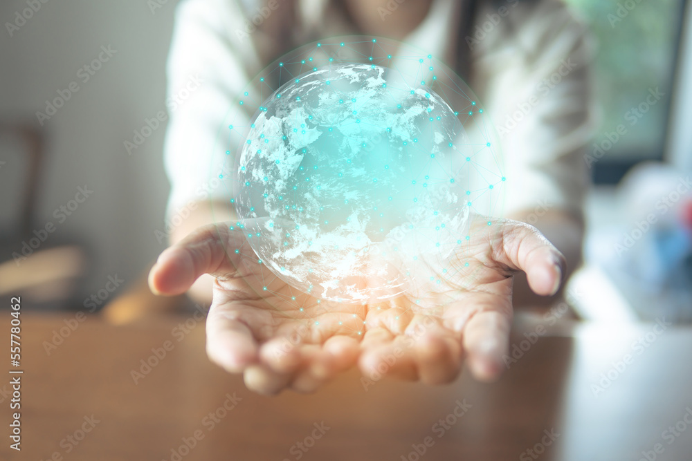 Poster technology data network on hand, data best and internet online management, business technology.