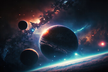 planet orbit with a starry sky and the dawn. Generative AI