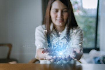 Technology data network on hand, data best and internet online management, business technology.