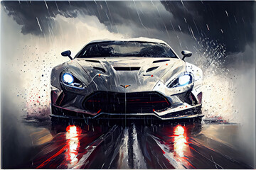 exotic sports cars driving in a storm, motorsports, large format, racing car,generative ai