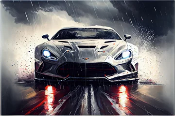 Zelfklevend Fotobehang Auto exotic sports cars driving in a storm, motorsports, large format, racing car,generative ai