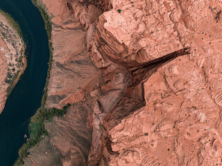 Panorama of Horseshoe Bend, Page Arizona. The Colorado River and a land mass made of orange...