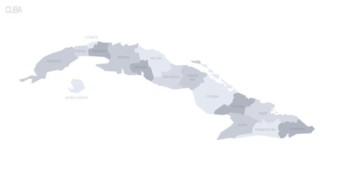 Cuba political map of administrative divisions - provinces. Grey vector map with labels.