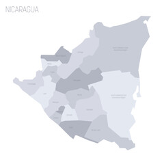 Nicaragua political map of administrative divisions - departments and autonomous regions. Grey vector map with labels.
