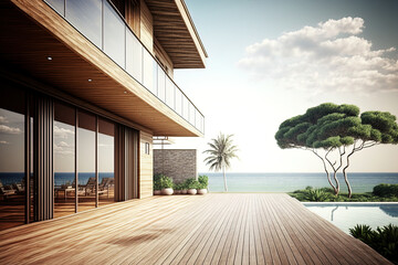 A vacant outside wooden terrace with a pool and a grassy yard in a contemporary beach home or a luxurious villa. Sea view from the outside of the building. Generative AI