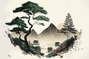 Pretty Korea, mountains, pine trees, hanok, rural natural scene, ink painting, and traditional Korean painting art. Generative AI - obrazy, fototapety, plakaty