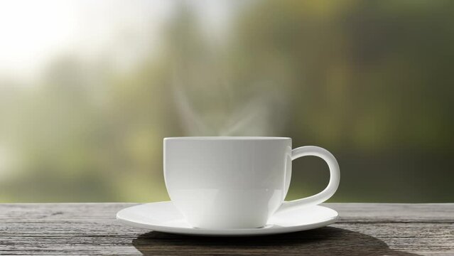 Coffee cup or tea cup on saucer with natural steam smoke  ,slow motion and Animation seamless loop. ceramic white coffee cup on old wooden table in nature background. 3d Render.