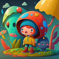 Fototapeta premium colorful child cartoon with mushroom and raincoat