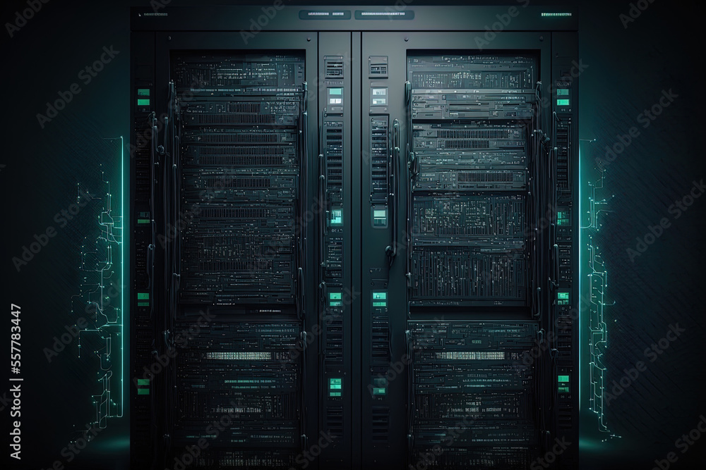 Poster dark servers data center area storage systems connection network. generative ai