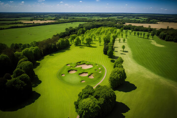 Aerial image of a golf course in a rural setting in the United Kingdom. Generative AI