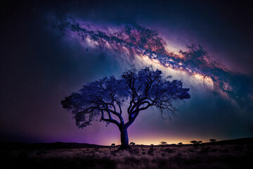 Plakat long exposure shot of a tree silhouette with the milky way. Generative AI