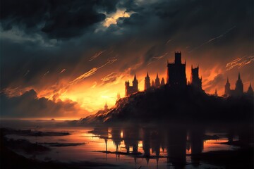 Naklejka na ściany i meble The sun sets behind the dark silhouette of the castle