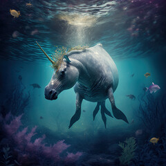 marine unicorn swimming among corals