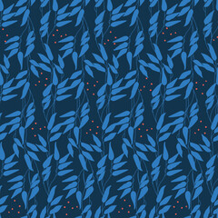 Seamless decorative elegant pattern with blue branches. Print for textile, wallpaper, covers, surface. For fashion fabric. Retro stylization.