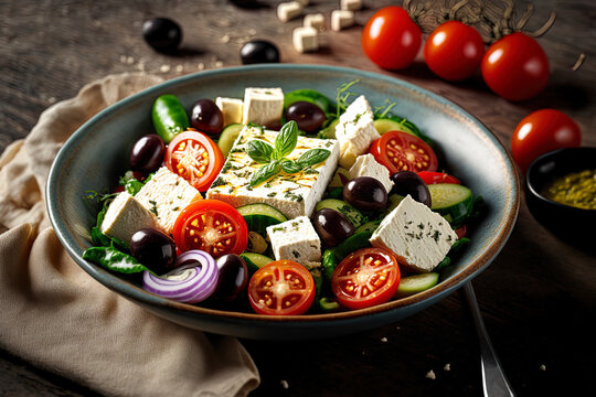 Greek salad with tomato, cucumber, white cheese, and olives in a bowl. Generative AI