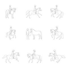 Set of contours for colouring page, children ride pony, pony club