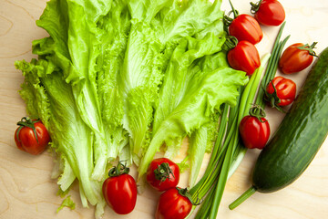 Salad leaves and tomatoes and green onion and cucumber, top view. Background from fresh vegetable for poster, screensaver, wallpaper, postcard, cover, website. High quality photo