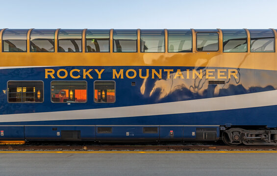 Gold leaf train wagon of the Rocky Mountaineer in Vancouver train station, Canada.