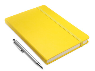 Closed yellow notebook with pen isolated on white