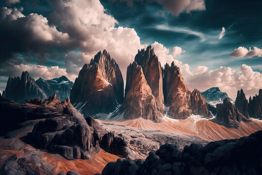 Beautiful picture of tall, rocky mountains in the sky with magnificent clouds. Generative AI