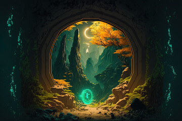 Obraz na płótnie Canvas mysterious mountain cave Golden glow altar, a green branch in the front, a mountain canyon, an antique doorway, and a treasure cache in a wilderness area are all represented in the design. Generative