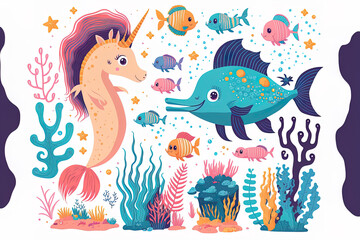 Sea unicorn animation. Seahorse, fish, and mermaid characters. Cartoon cat with an aquatic turtle and other creatures. Mythical modern sea kit . Generative AI