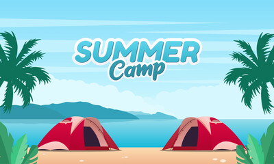 Summer camp background, with two tents on the beach vector illustration. Camping background