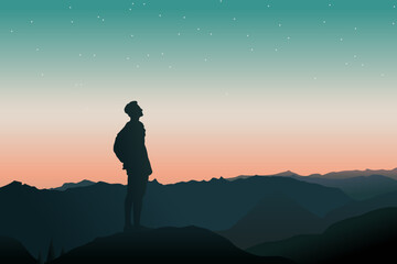 mountain climber silhouette looking at the beautiful mountain scenery. landscape illustration