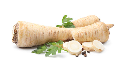 Whole and cut raw parsley roots, fresh herb isolated on white