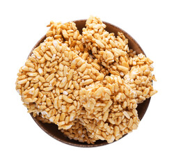 Bowl of puffed rice bars (kozinaki) on white background, top view