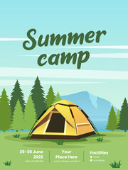 Summer camp poster, with tent and mountain vector illustration. Suitable for camping event posters, and other - obrazy, fototapety, plakaty