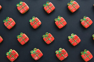 Christmas gingerbread in the form of gift boxes, flat lay.