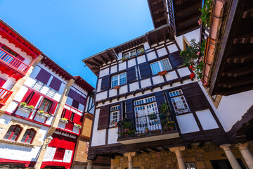 Precious colors of the traditional houses of Fuenterrabia or Hondarribia in the old part, Gipuzkoa