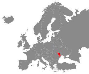 Map of Moldova highligted with red in Europe map