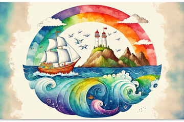 Seascape with waves, mountains, ships, clouds, and a rainbow is adorable. Illustration in watercolor. Horizontal poster for kids. banner that repeats horizontally. Generative AI