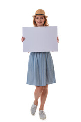 Full size photo of cheerful woman in hat holding white blank board isolated on white background