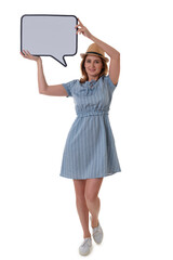 Full size photo of cheerful woman in hat holding white blank board isolated on white background