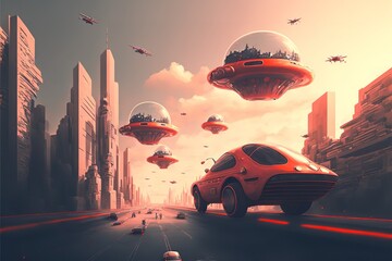 Fototapeta na wymiar Flying cars in the city of the future