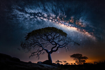 A tree's silhouette and the Milky Way in Phu Hin Rong kla National Park Thailand's Phitsanulok long exposure image with grain. Generative AI