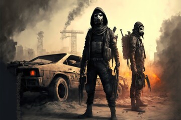 Two men with guns are standing near the car, post-apocalypse illustration
