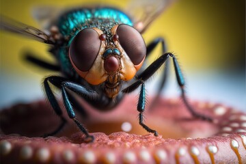 an ugly giant fly standed over a donut, in a macro perspective, with interesting colors on the body