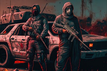Fototapeta na wymiar Two men with guns are standing near the car, post-apocalypse illustration