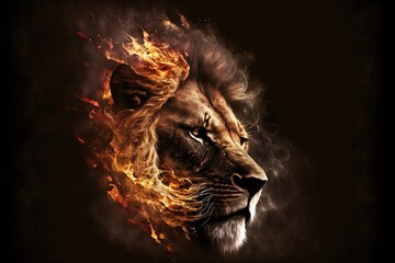 Portrait depicting the Lion King on fire on a black background. digital art. AI - obrazy, fototapety, plakaty