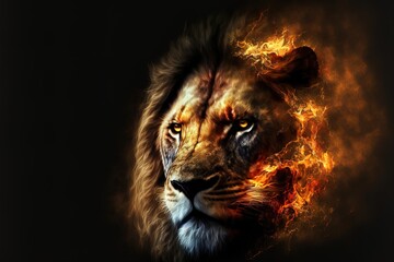 Portrait depicting the Lion King on fire on a black background. digital art. AI - obrazy, fototapety, plakaty