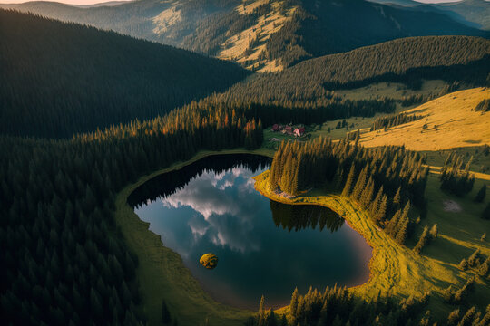 Aerial image of Ukraine's Carpathian Mountains and Lake Synevir. Synevyr National Nature Park is in Ukraine's Carpathians. Generative AI