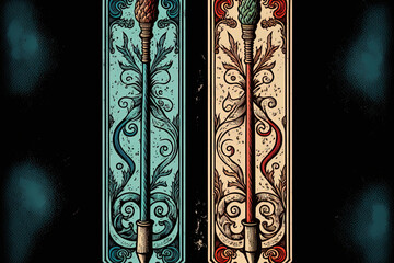 a pair of wands. Minor arcana, full deck of colors. The antique hand drawn engraved artwork of the classic tarot card has mystical symbols. Generative AI