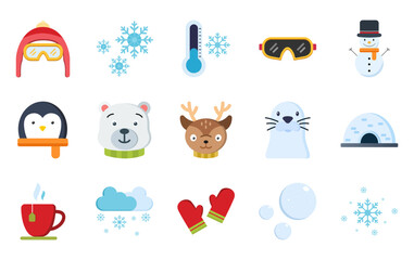 Winter icons with vector cartoon illustration style. Vector winter sport, animal face, snowflake, snowman, tea, weather, igloo, snowball. Cartoon cute winter objects. Vector icons for your design